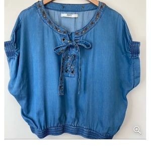 BNCI  Women’s Blue Chambray Lace up Tie Front Top Embroidered Short Sleeves